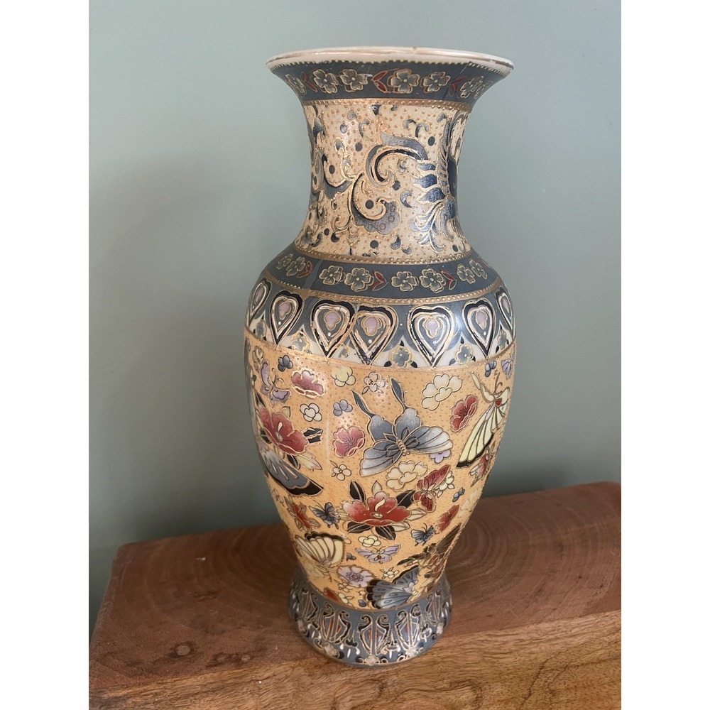 Vintage Satsuma Chinese Porcelain Vase Gold Floral Butterflies Hand Painted 12"